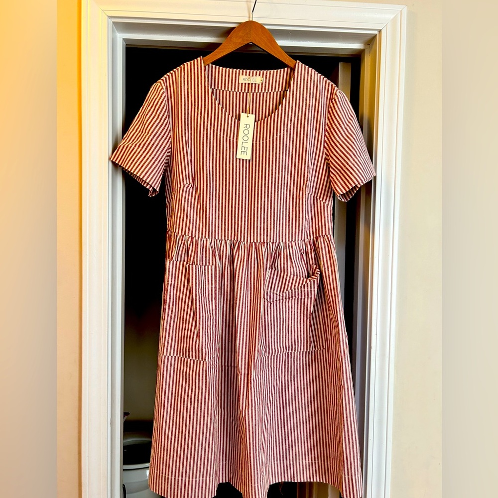 Roolee baby doll dress size small white and red stripes